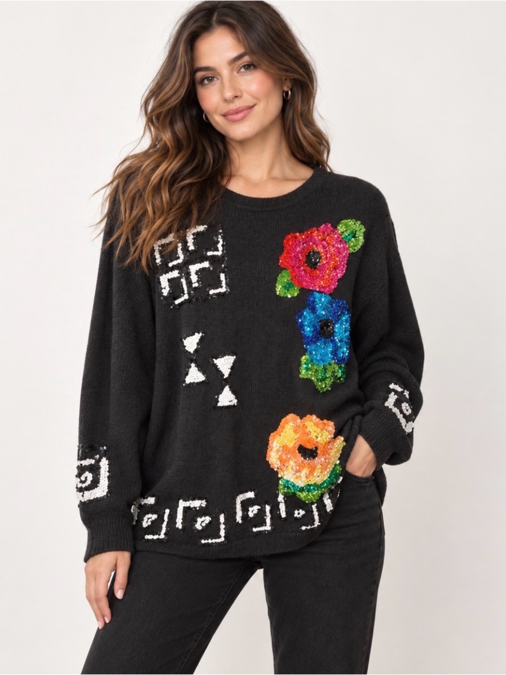 Vintage Marnie West Sequin Floral Art Sweater Black Ramie Cotton M